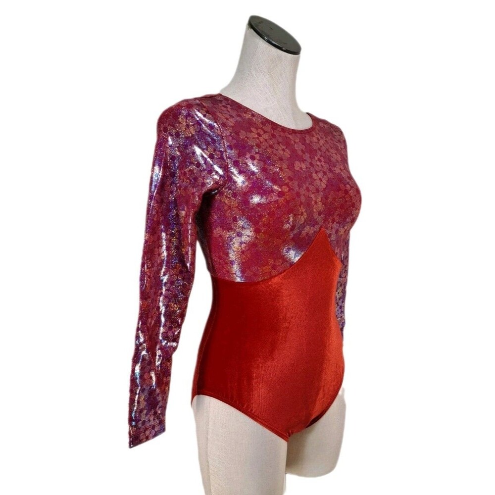 GK Elite VTG Red Velvet Floral Holographic LS Keyhole Leotard Size AM Adult M - Picture 5 of 16